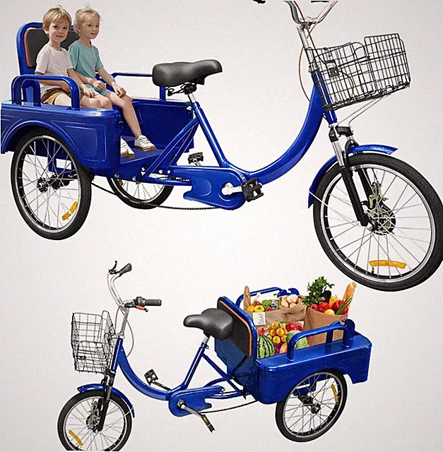 20" Adult Tricycle 3-Wheel Passenger Trike w/Basket Rear Cargo Seat for 2 Kids