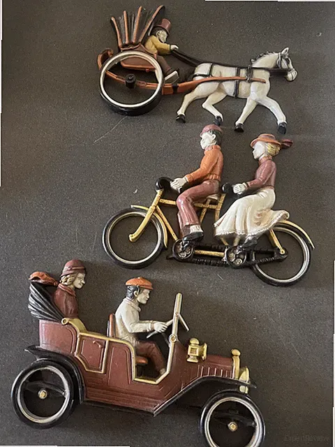 Tandem Bicycle Horse Buggy Model A Victorian Couple Wall Art Plaque Vintage Lot3