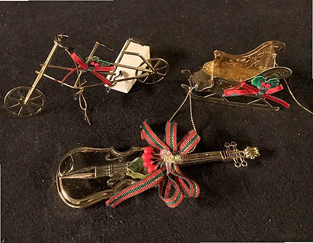 Vintage Brass Sled, Tandem Bicycle And Guitar Christmas Ornaments Set of 3.