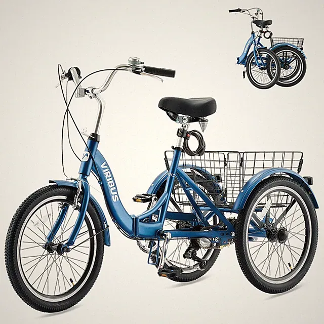 VIRIBUS 20 in Folding Adult Tricycle 7 Speed 3 Wheel Bike w Dual Chain Navy Blue